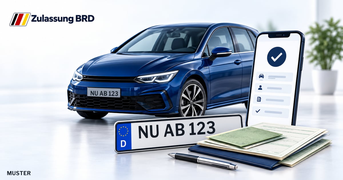 Online Fahrzeugzulassung in Senden: Musterkennzeichen NU AB 123, Auto und Fahrzeugpapiere und Smartphone. Illustration mit Logo von Zulassung BRD.